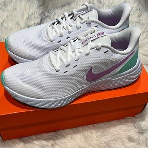New Nike Women's White with Purple and Green accents Revolution 5 Athletic Shoes